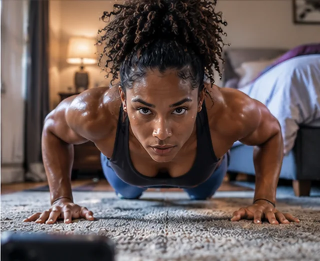 Athlete doing push-ups in a bedroom