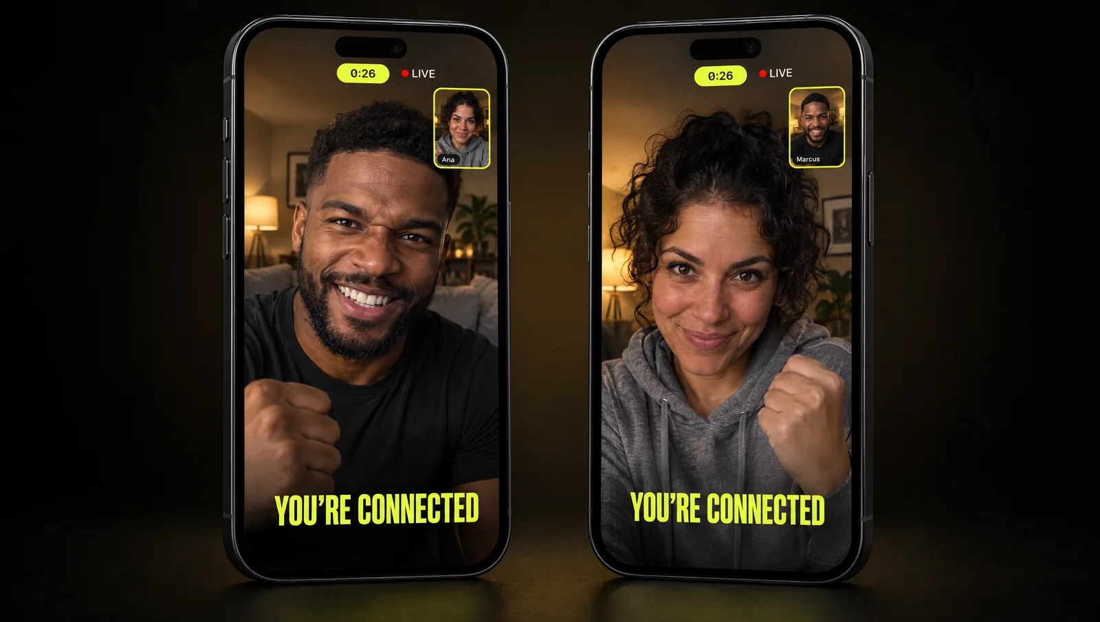Two phones side by side on a Live call: each shows the other athlete full-screen with a small self-view, 0:26 on the clock and YOU'RE CONNECTED across the bottom